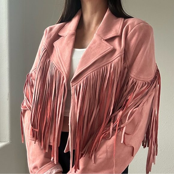 Worn once! Beautiful blush pink jacket with fringe! - Picture 1 of 5